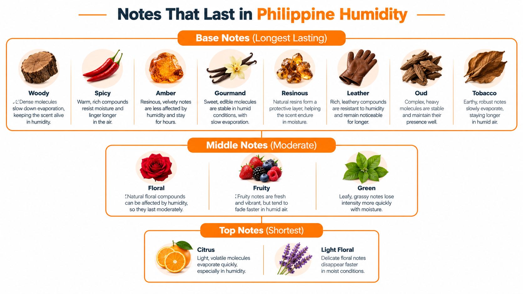 A chart detailing fragrance notes, classified by longevity, that last longest in Philippine humidity conditions.