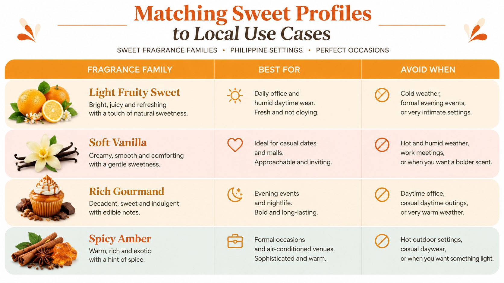 A guide matching different sweet fragrance families like fruity and gourmand to the best occasions and settings.