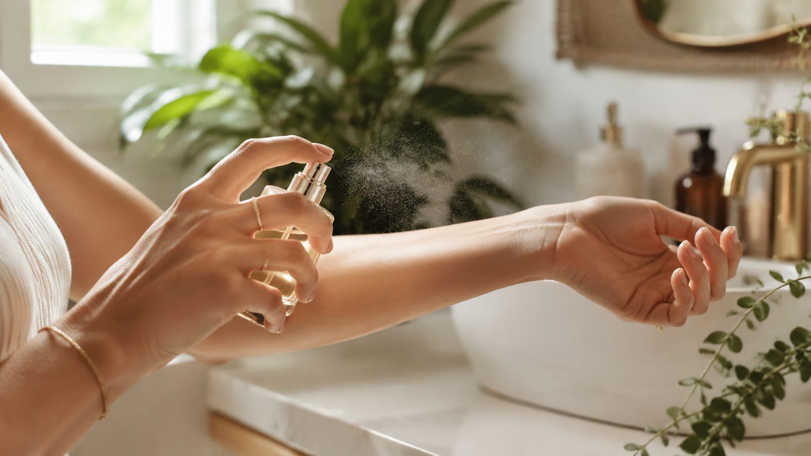 A woman spraying luxury perfume onto her wrist in a bright, modern bathroom setting.