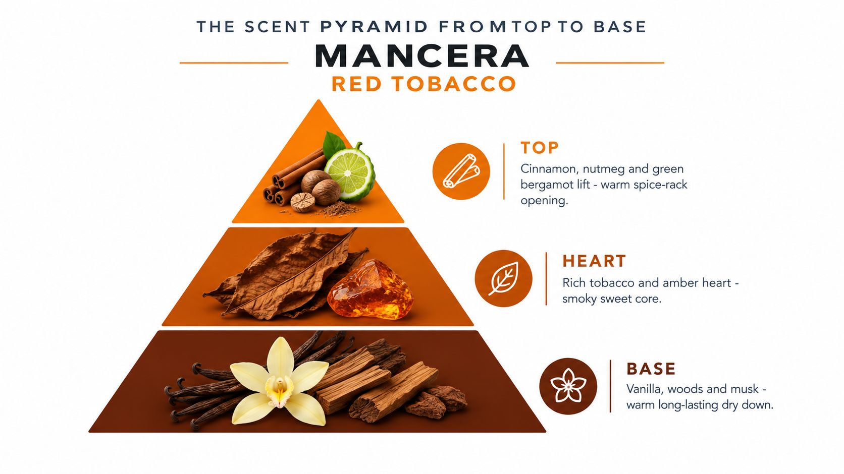 A scent pyramid infographic for Mancera Red Tobacco fragrance showing top, heart, and base note ingredients.