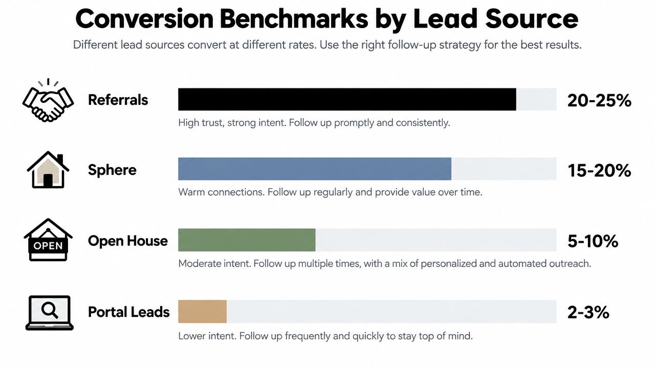 A chart comparing real estate lead conversion benchmarks across different sources like referrals, sphere, and portal leads.
