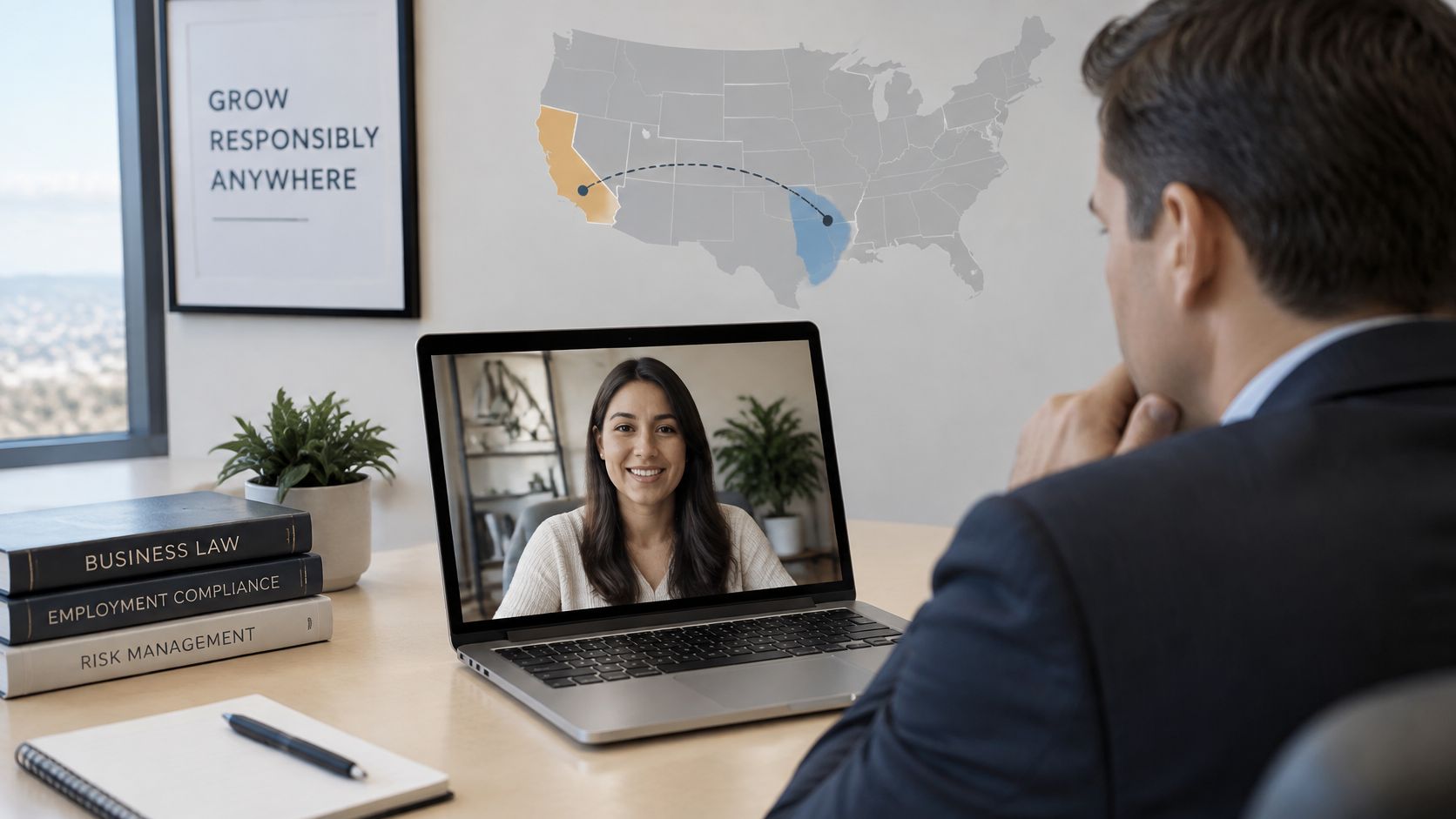 A professional man video conferencing on a laptop with a woman about California call recording legal compliance.