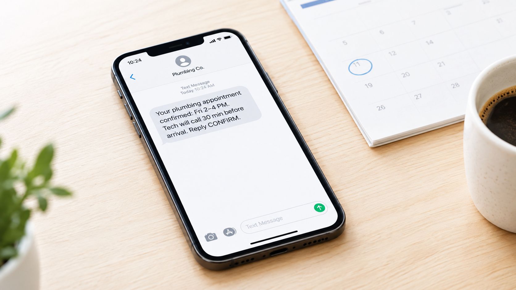 A smartphone on a desk showing a text message confirming a plumbing appointment with a calendar nearby.