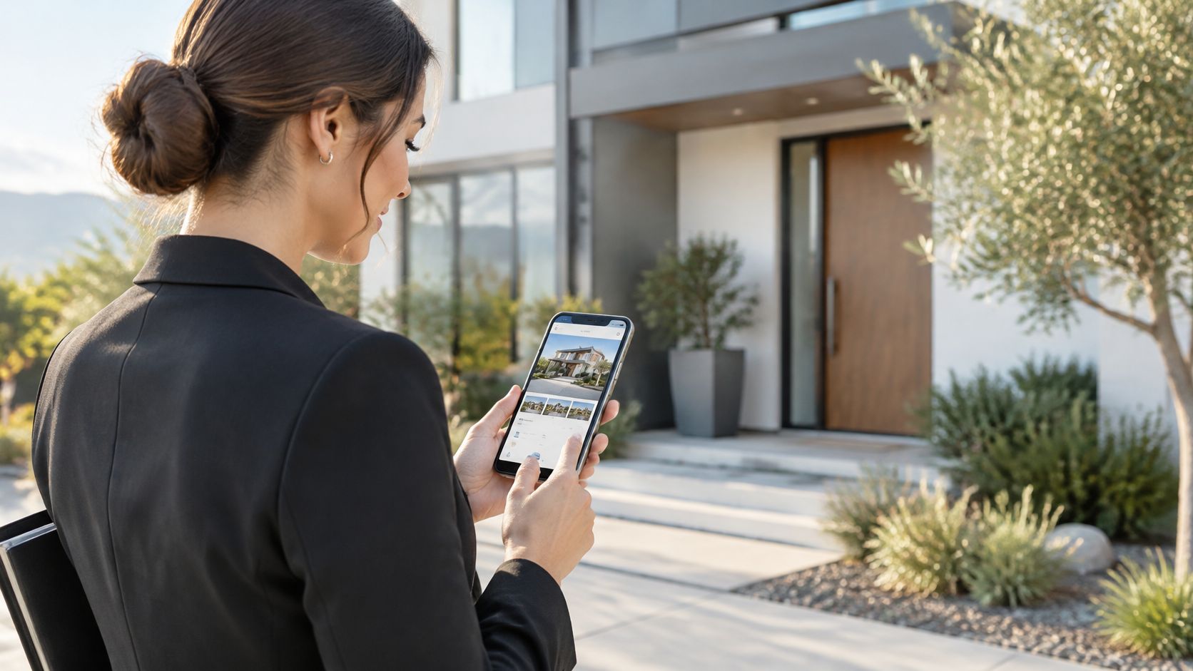A professional woman in a blazer using a smartphone to view house listings in front of a modern home.