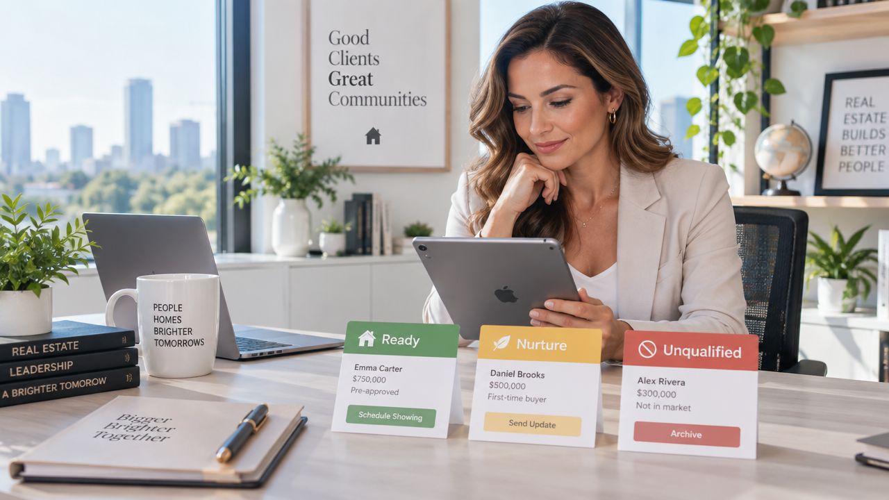 A professional real estate agent reviewing client leads on a tablet at her organized, modern office desk.