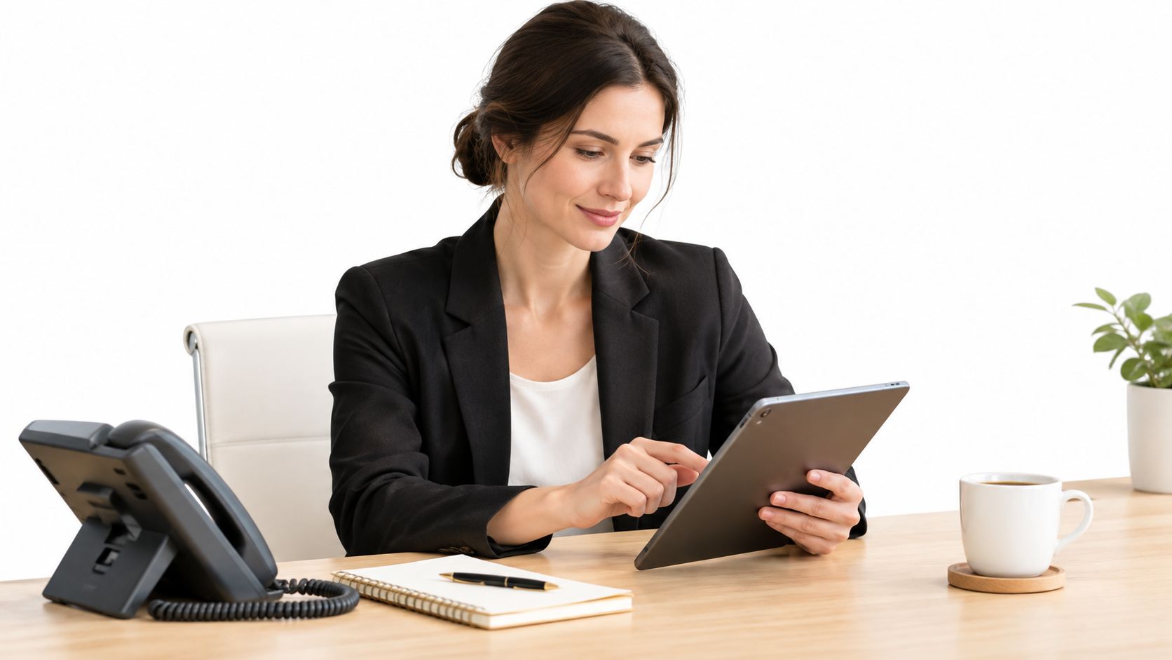 A professional woman in a business suit reviewing information on a tablet at her office desk.
