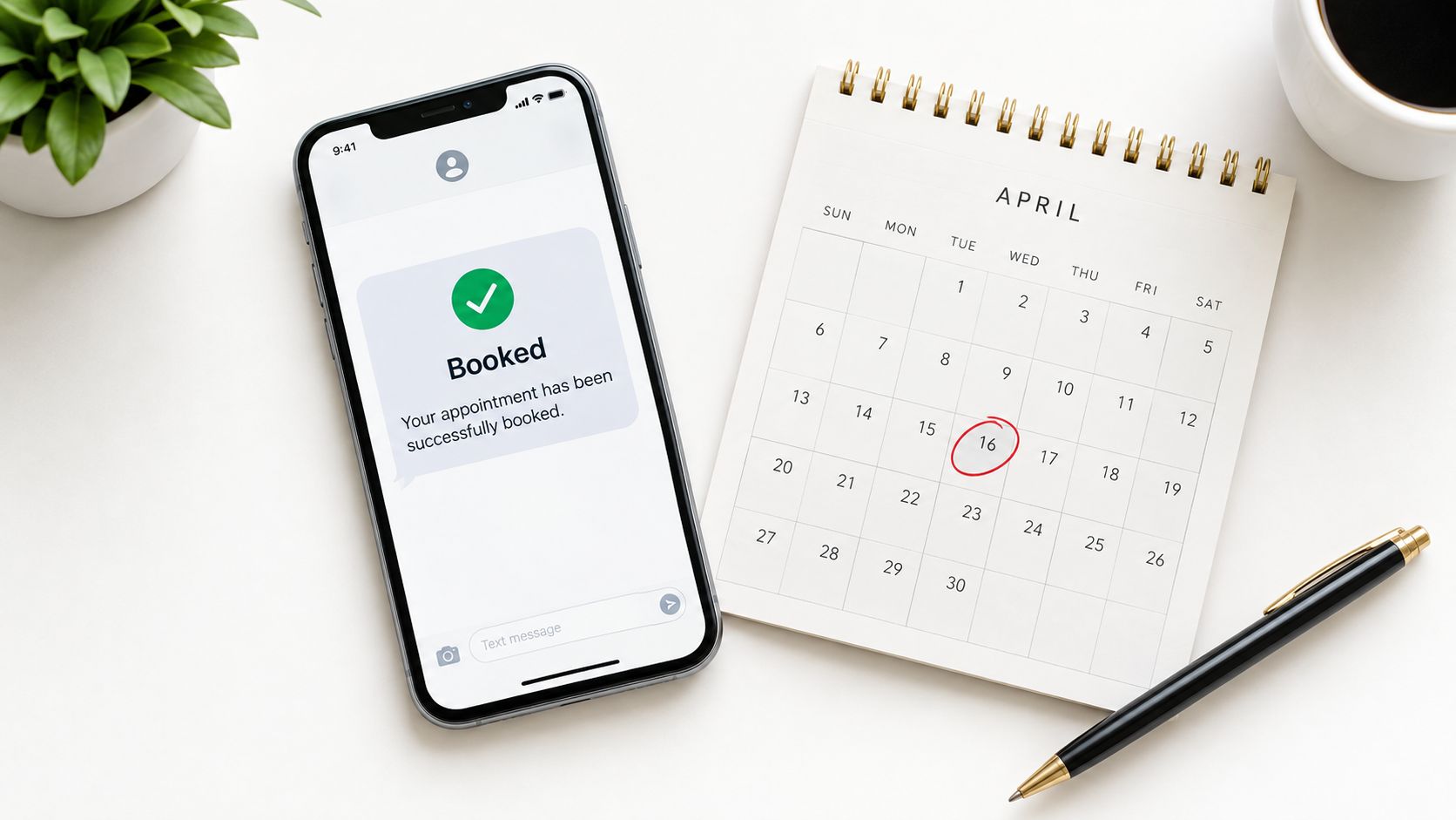 A smartphone displaying a booking confirmation next to a physical calendar with April 16th circled in red.