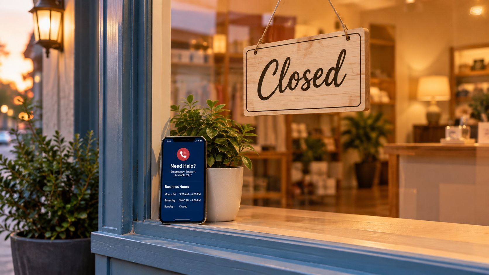 A store window with a closed sign and a smartphone displaying business hours and support information.