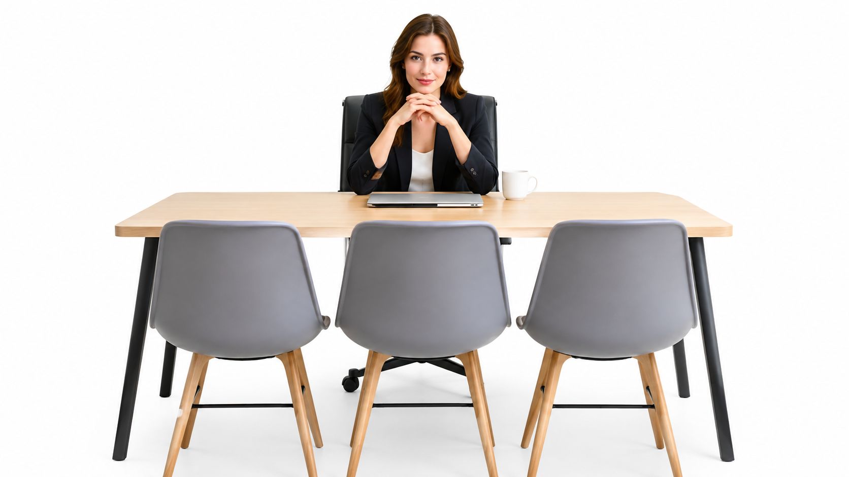 A professional woman sitting at a desk with an empty chair ready for a job interview.