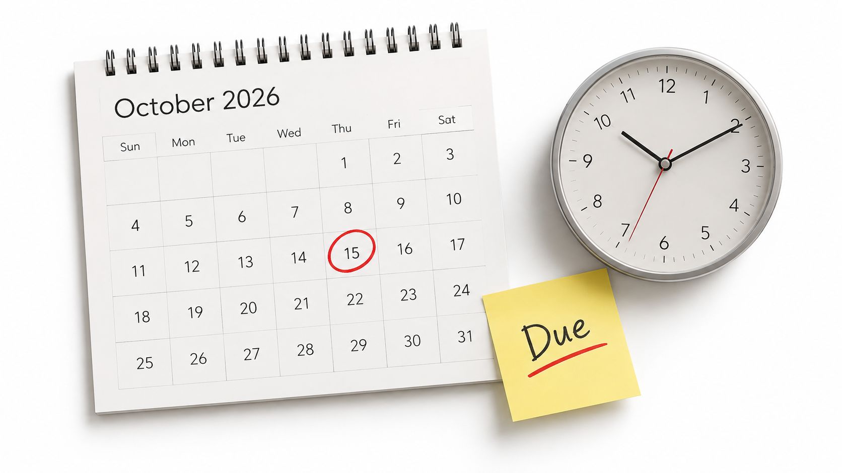 A calendar showing October 2026 with a red circle on the 15th next to a clock.