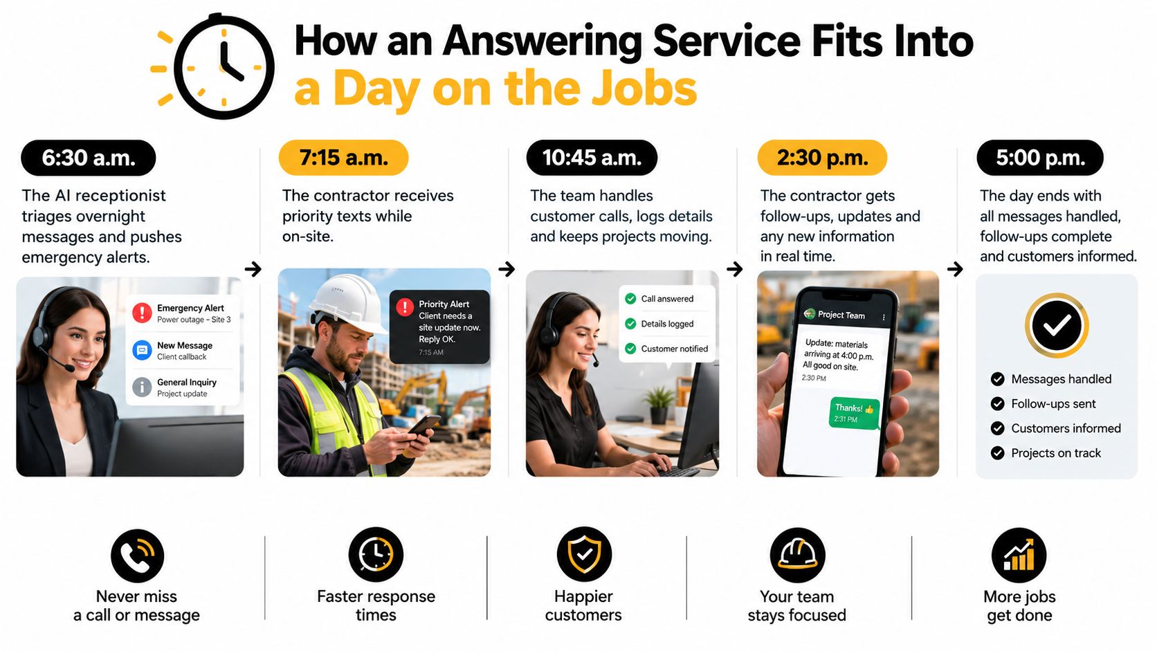 A timeline graphic showing how an automated answering service helps contractors manage daily communication and tasks efficiently.