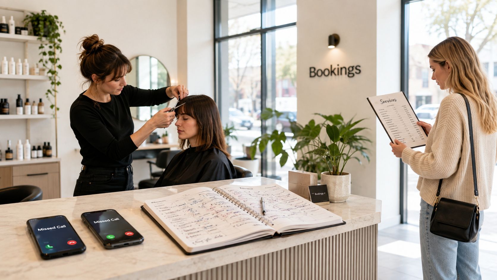 A professional hair stylist cutting a client's bangs while a receptionist checks the service menu at a salon.