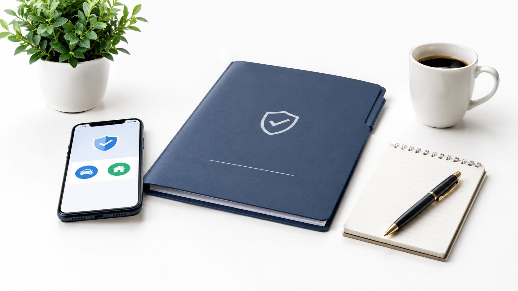 An insurance workspace flatlay with a mobile app, notebook, pen, coffee, and potted plant on white background.