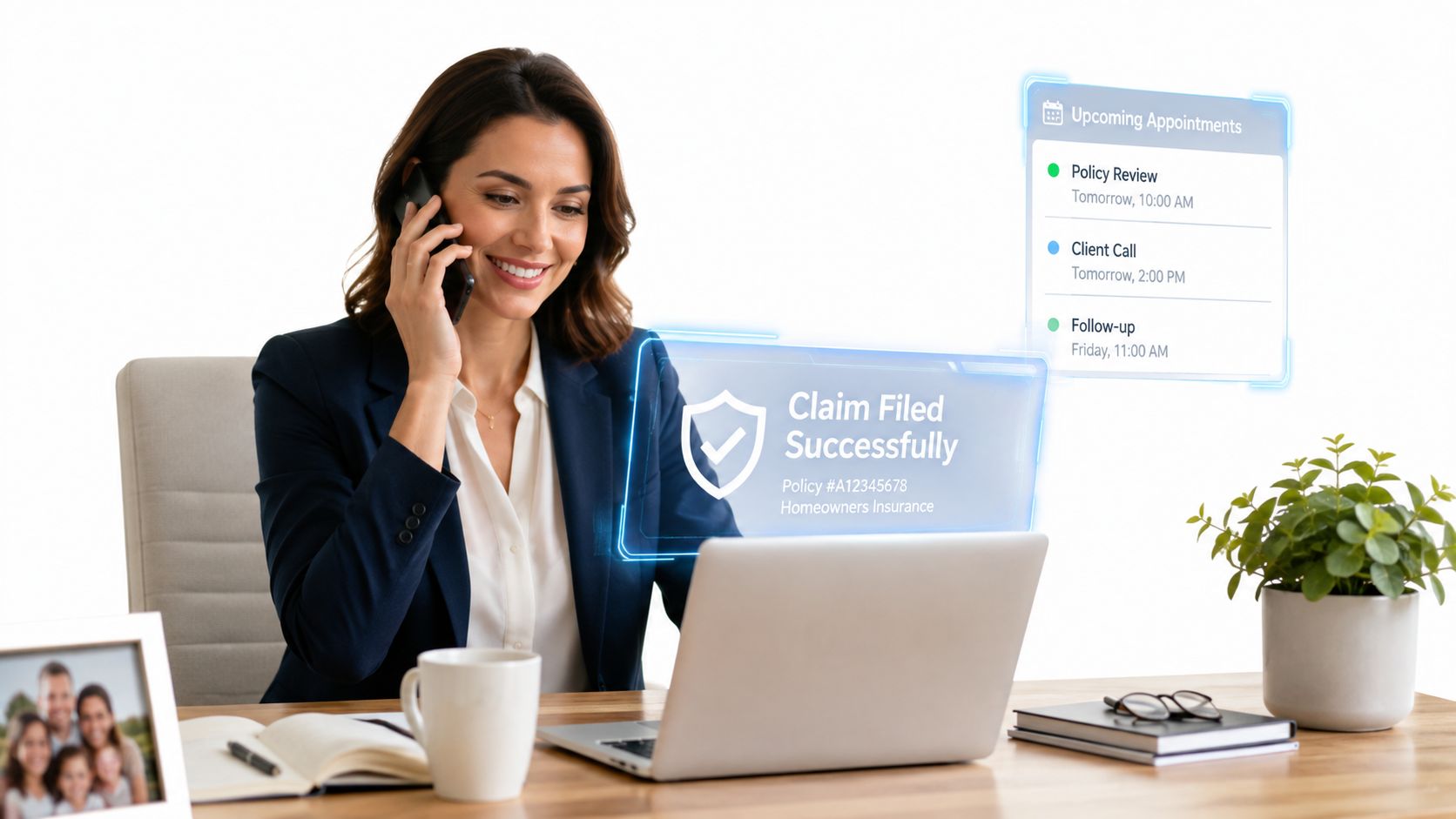A professional woman in a business suit working on a laptop and phone while managing digital insurance tasks.