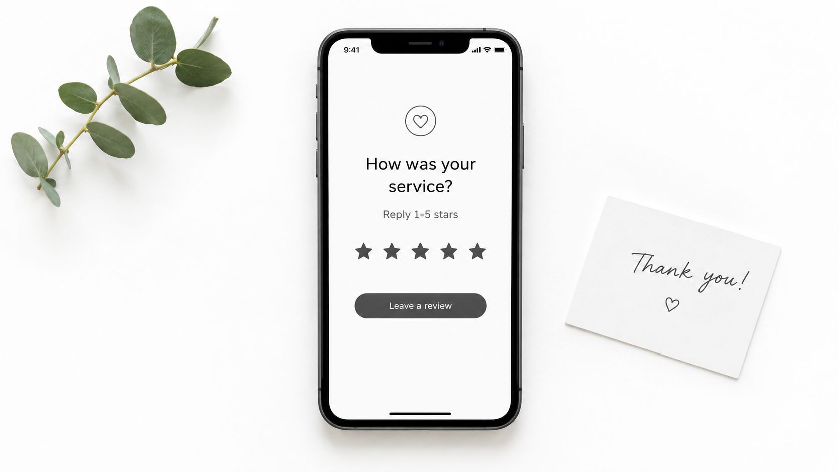 A smartphone display showing a customer feedback rating interface with star icons, positioned on a white background.