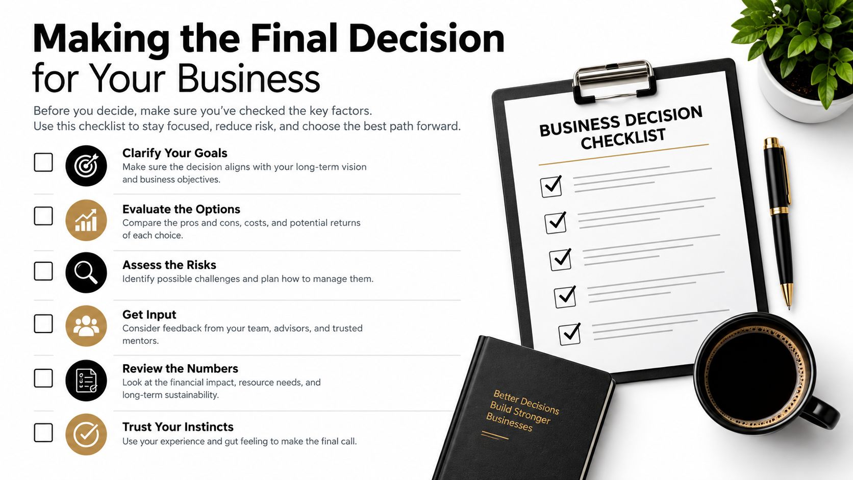 A business decision checklist on a clipboard with a pen, coffee, and strategic planning notes.