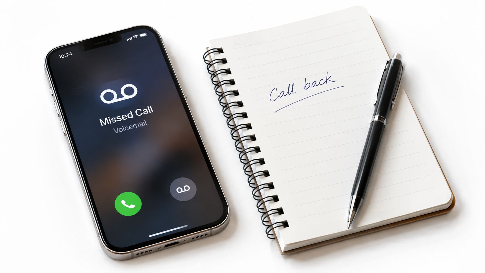 A smartphone showing a missed call and a notebook with the written text Call back.