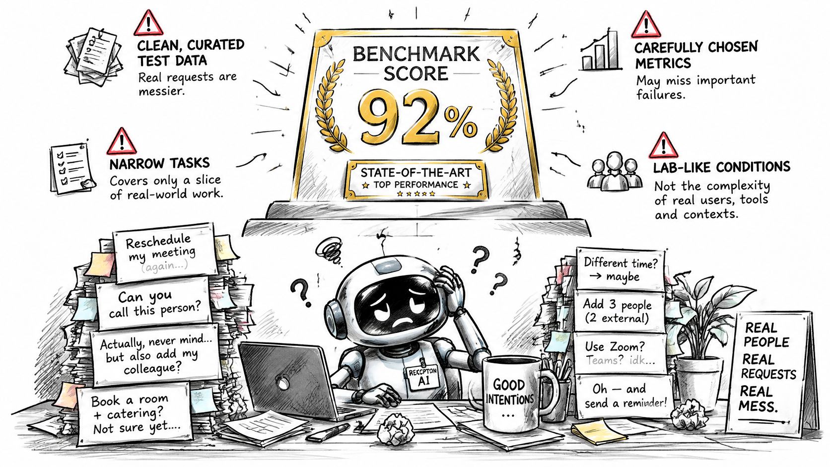 A hand-drawn illustration contrasting a high artificial intelligence benchmark score with chaotic real-world user requests.