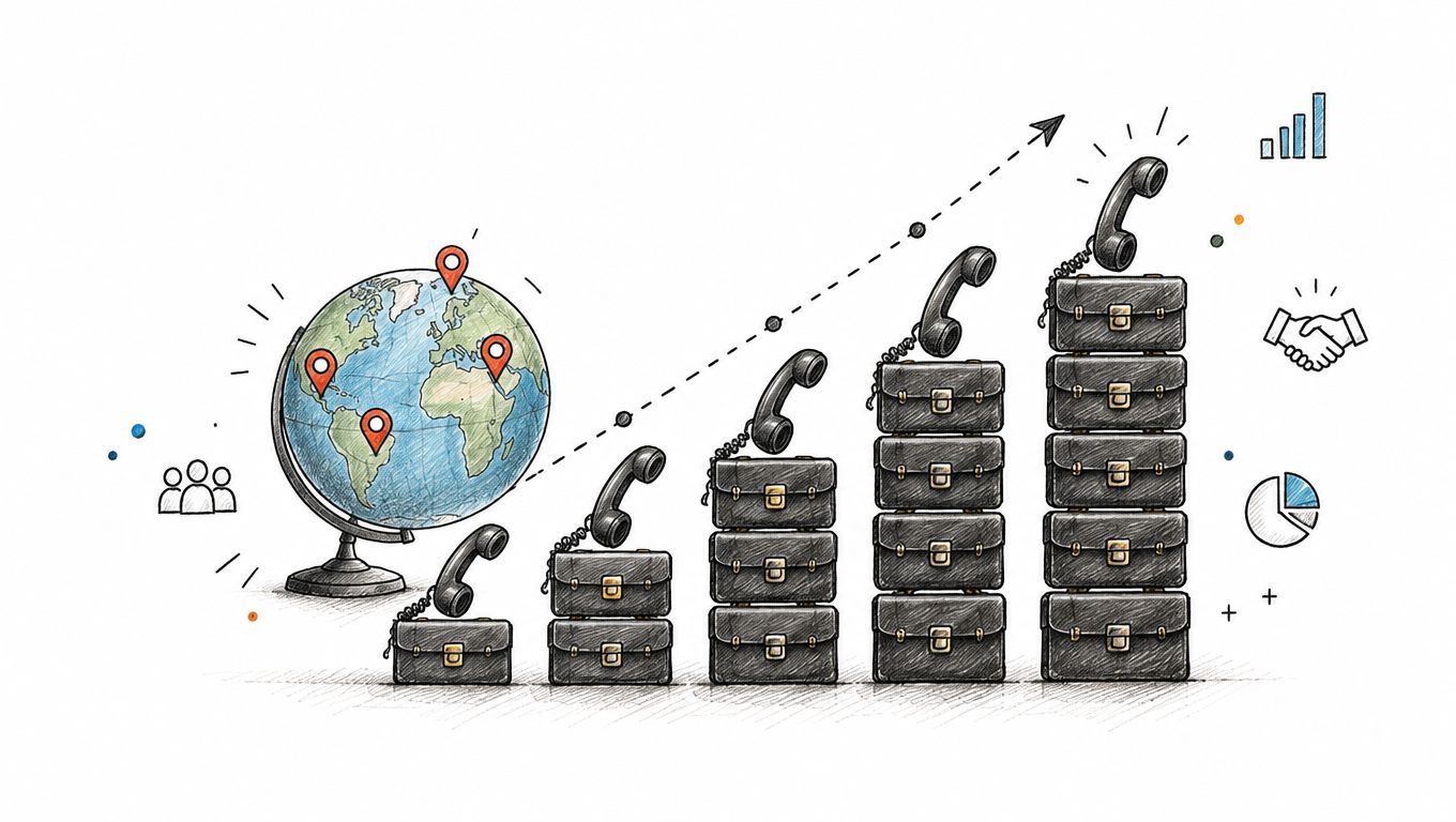 A hand-drawn illustration showing a globe with location markers next to growing stacks of briefcases and telephones.