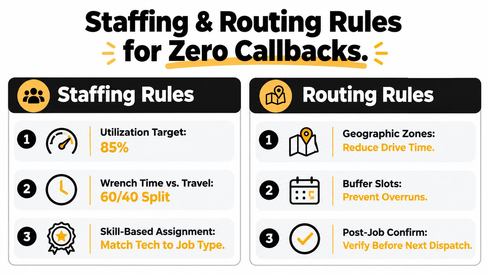 A chart illustrating effective staffing and routing rules to optimize technician scheduling and dispatch processes.