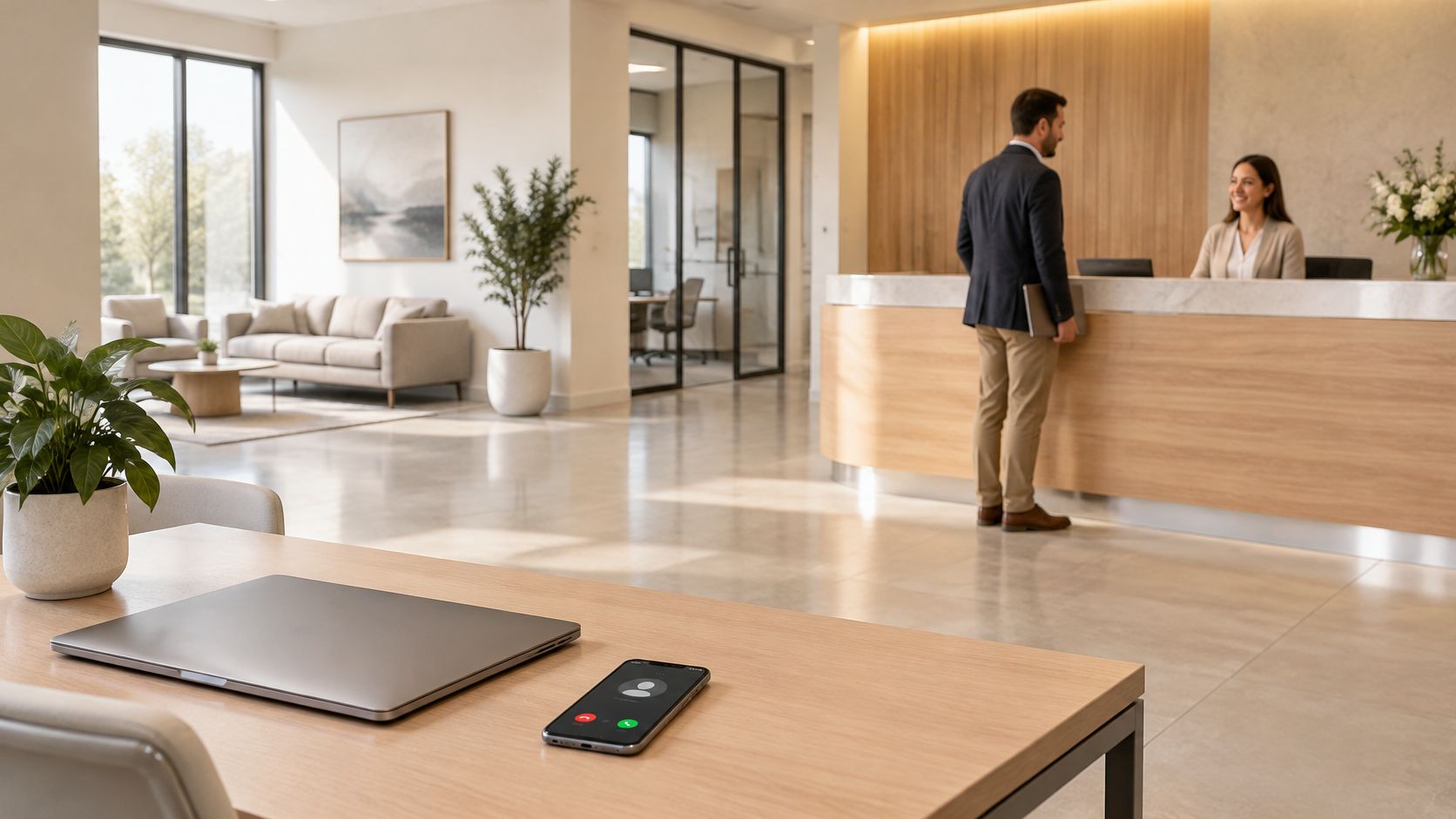A sleek modern office reception area featuring a laptop and ringing smartphone on a foreground wooden desk.