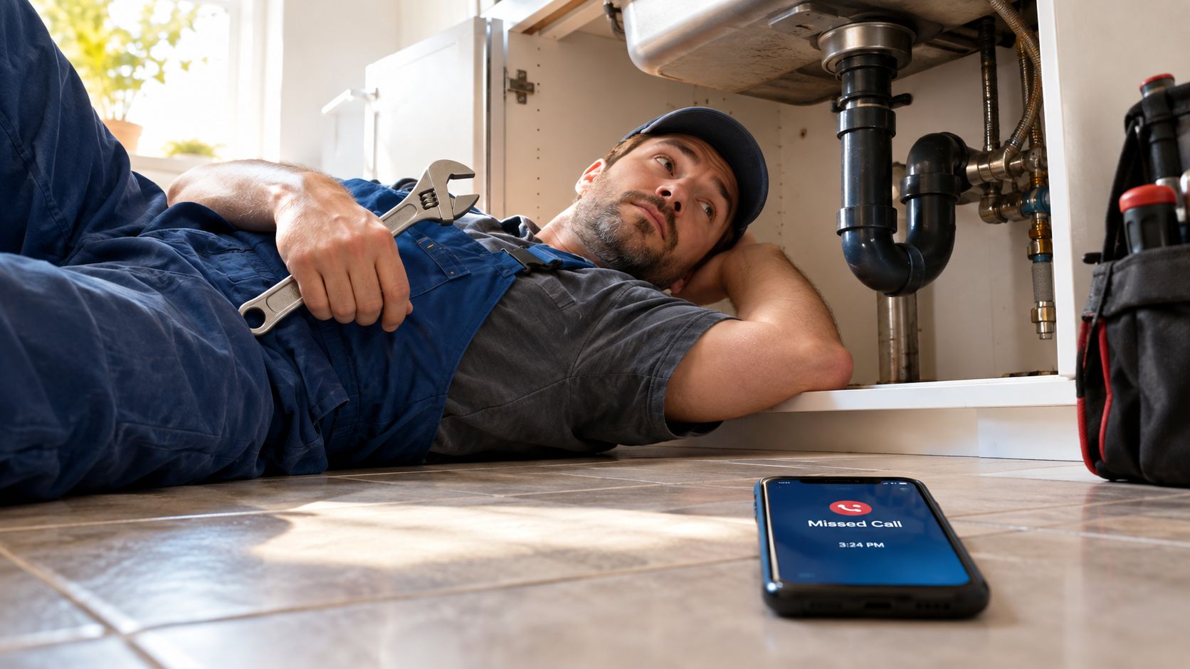 A professional plumber lying on the floor under a sink, ignoring a missed call on his smartphone.