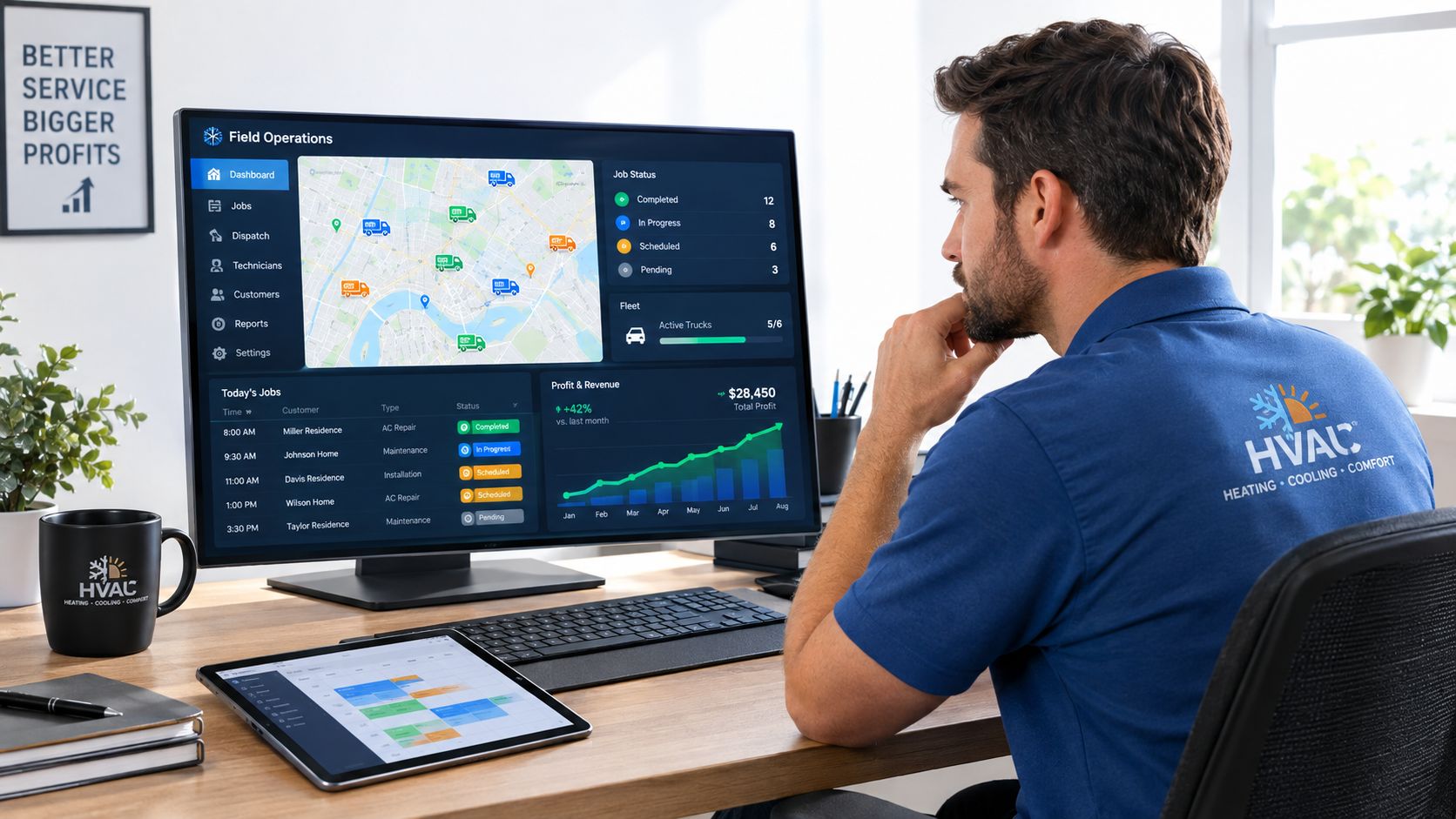 A professional technician using a digital dashboard on a computer for HVAC scheduling and fleet management tasks.