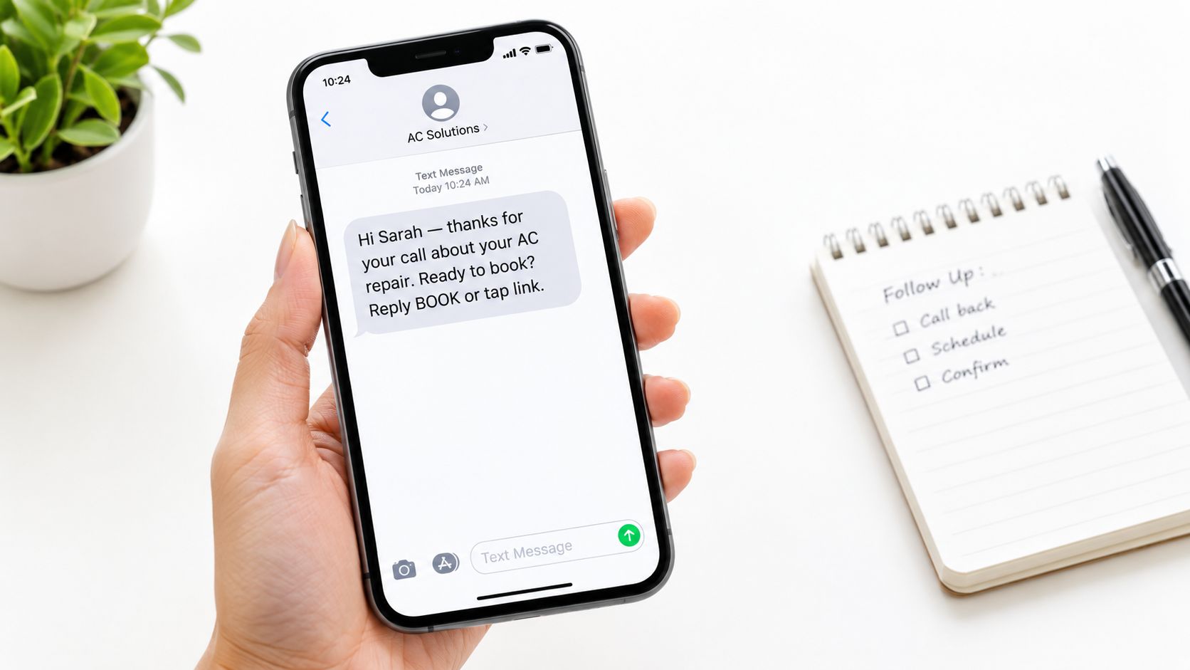 A hand holds a smartphone displaying a text message from AC Solutions about an AC repair appointment.