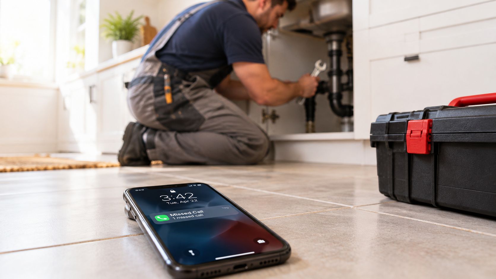 A professional plumber kneels on a kitchen floor while repairing a sink with a tool box nearby.