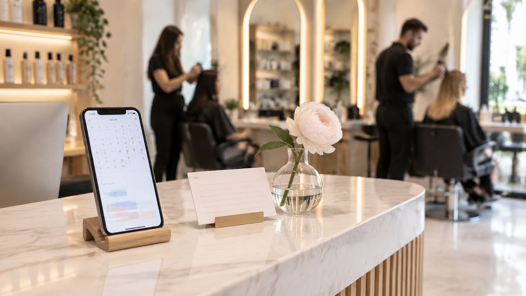 A smartphone showing a business calendar and a blank appointment card sitting on a salon front desk.