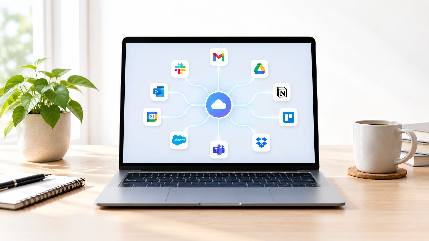 A laptop on a desk showing various digital software integration icons connected to a central cloud symbol.