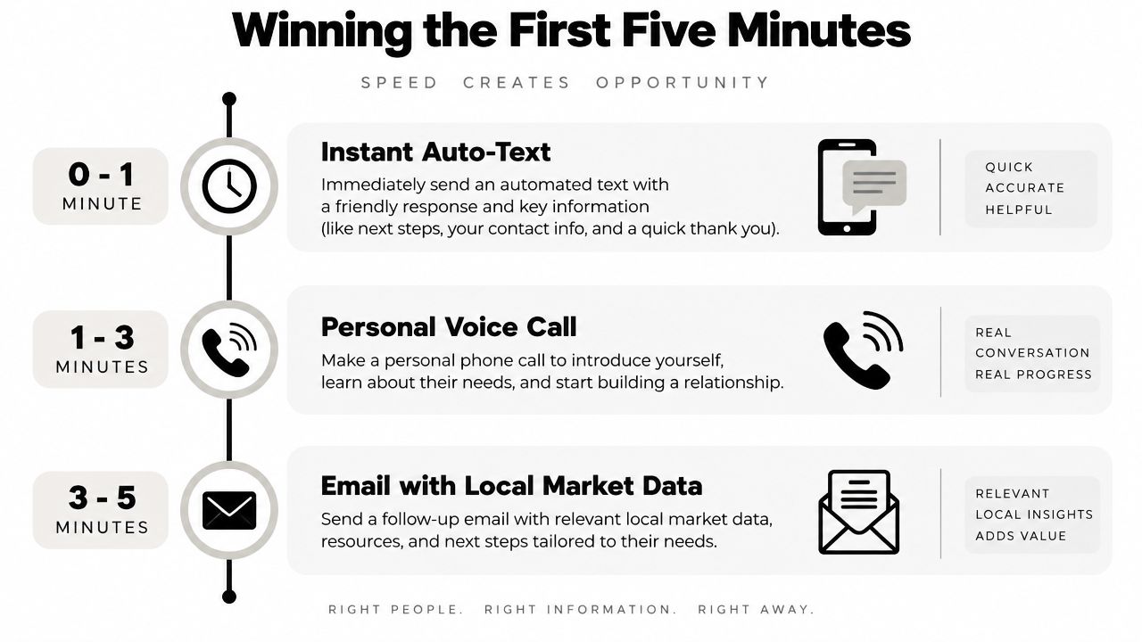 A diagram outlining a three-step real estate lead conversion strategy to maximize engagement within the first five minutes.