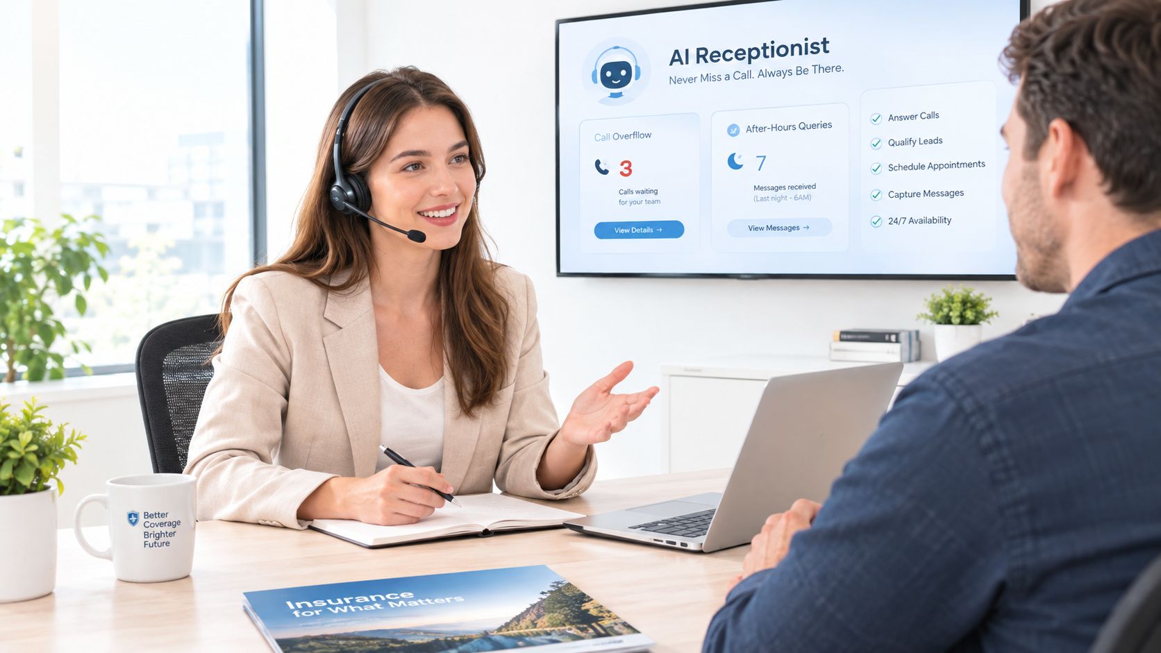 A professional woman wearing a headset speaks with a client in an office about insurance services.