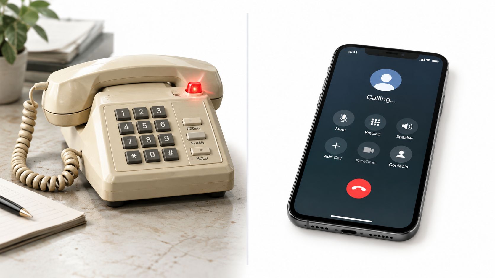 A side-by-side comparison featuring a vintage landline telephone on the left and a modern smartphone on the right.