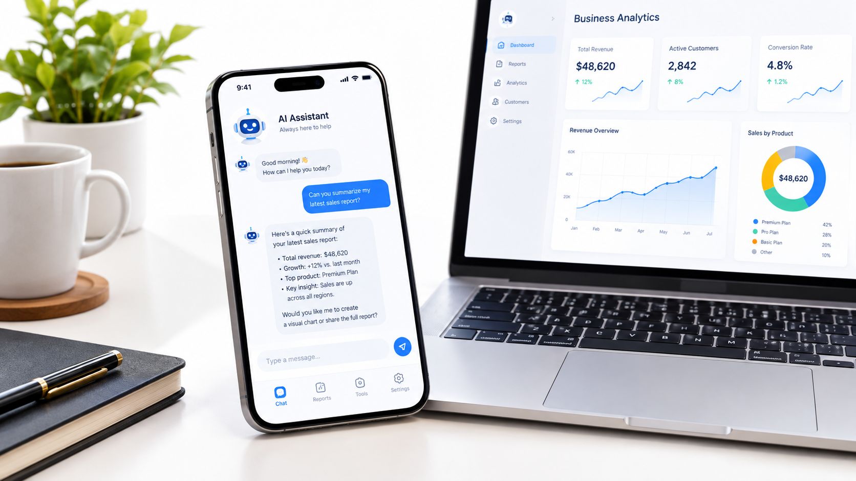 AI business assistant app displayed on a smartphone next to a laptop showing business analytics dashboards.