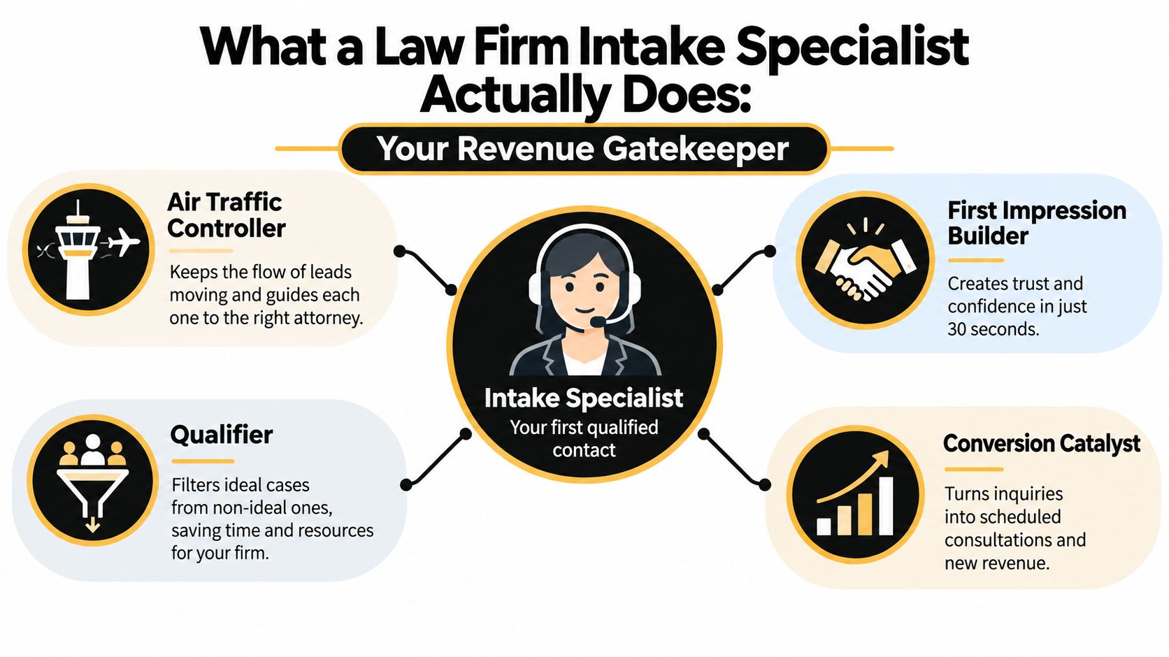 An infographic showing the four key roles of a law firm intake specialist acting as a revenue gatekeeper.