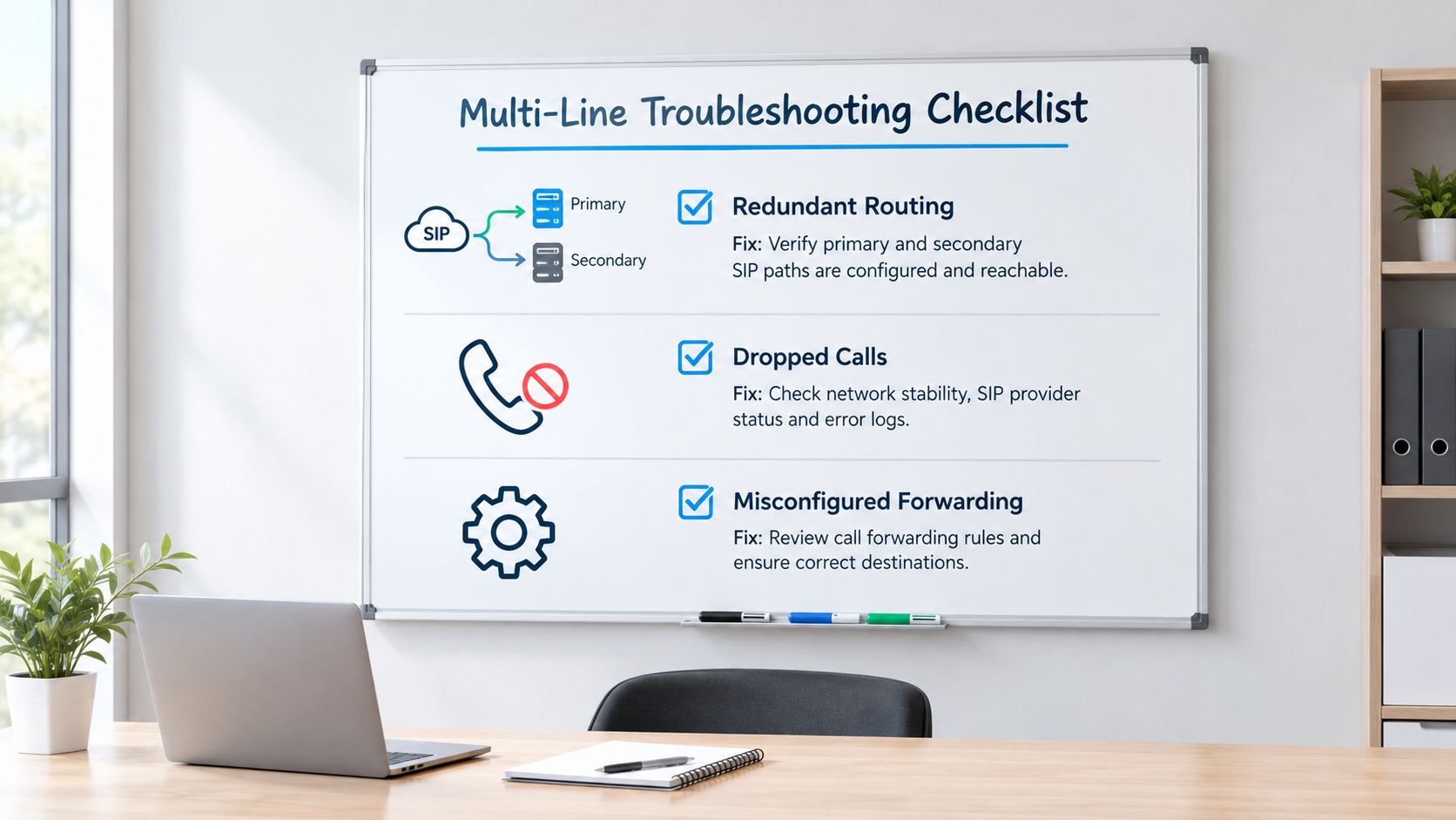 A whiteboard in an office displaying a multi-line troubleshooting checklist for telecommunications and network connectivity issues.