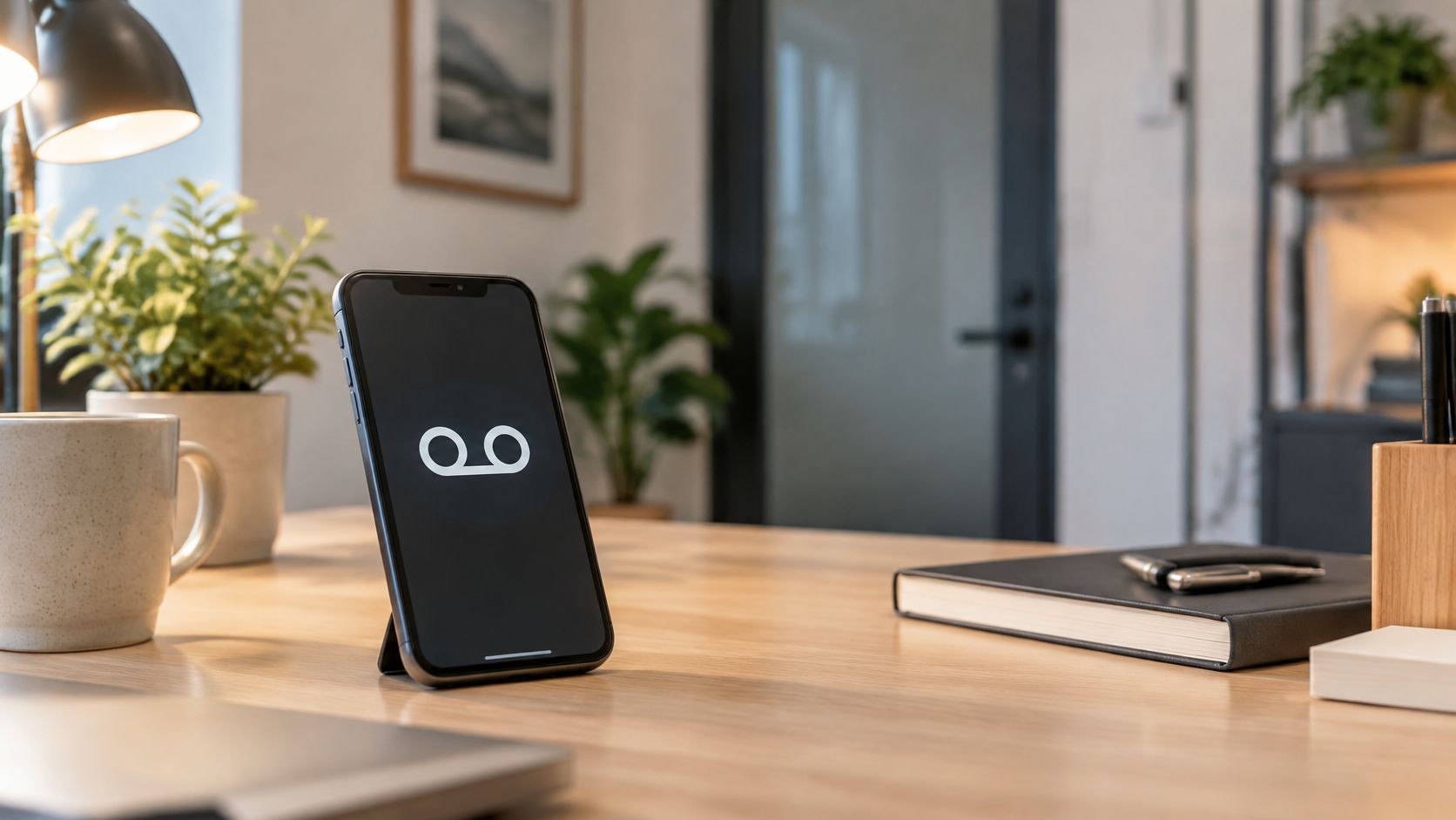 A smartphone resting on a wooden office desk displaying a voicemail icon on its screen.