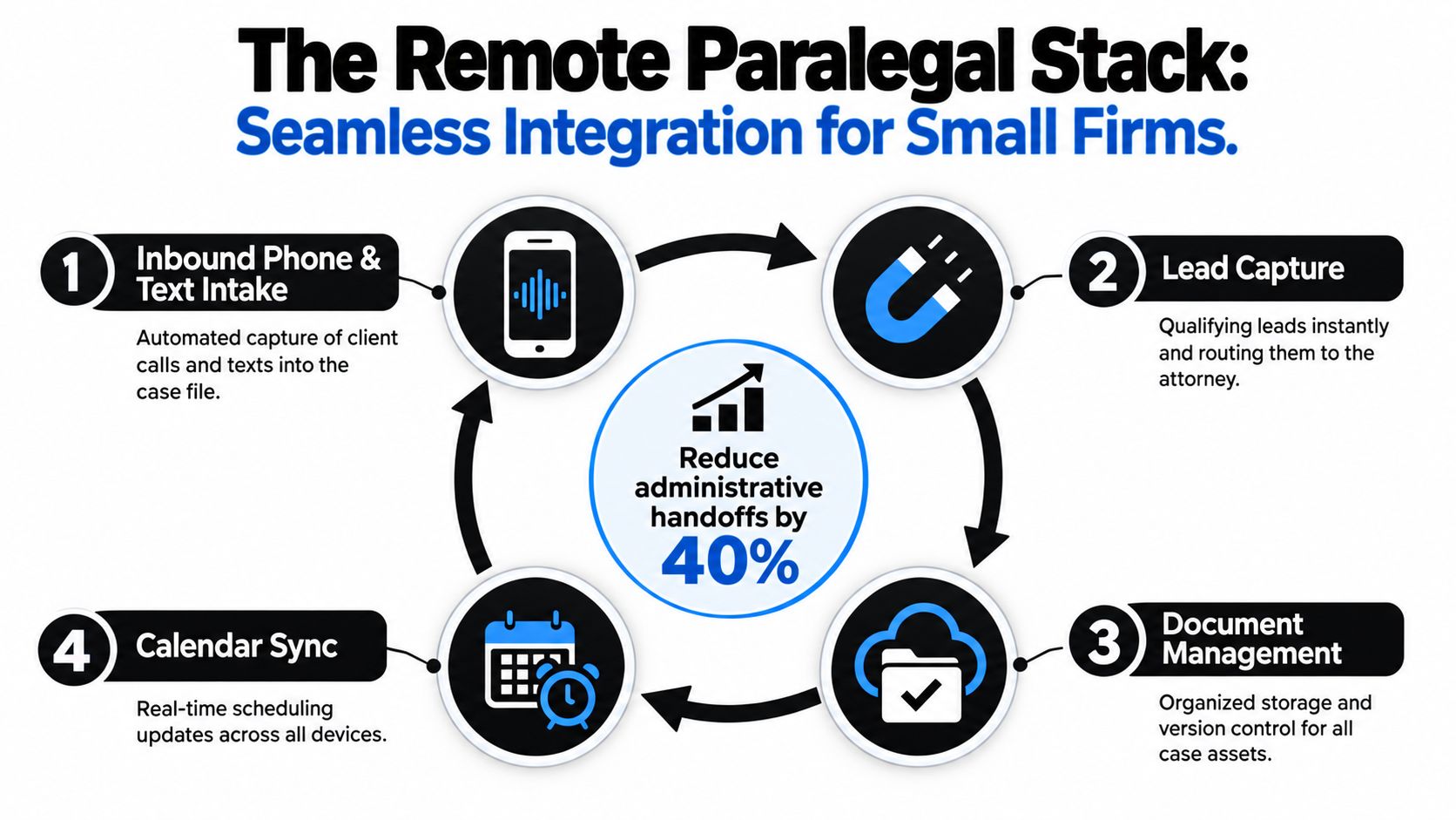 A diagram illustrating the remote paralegal stack process for law firms, showing four integrated automated workflow steps.