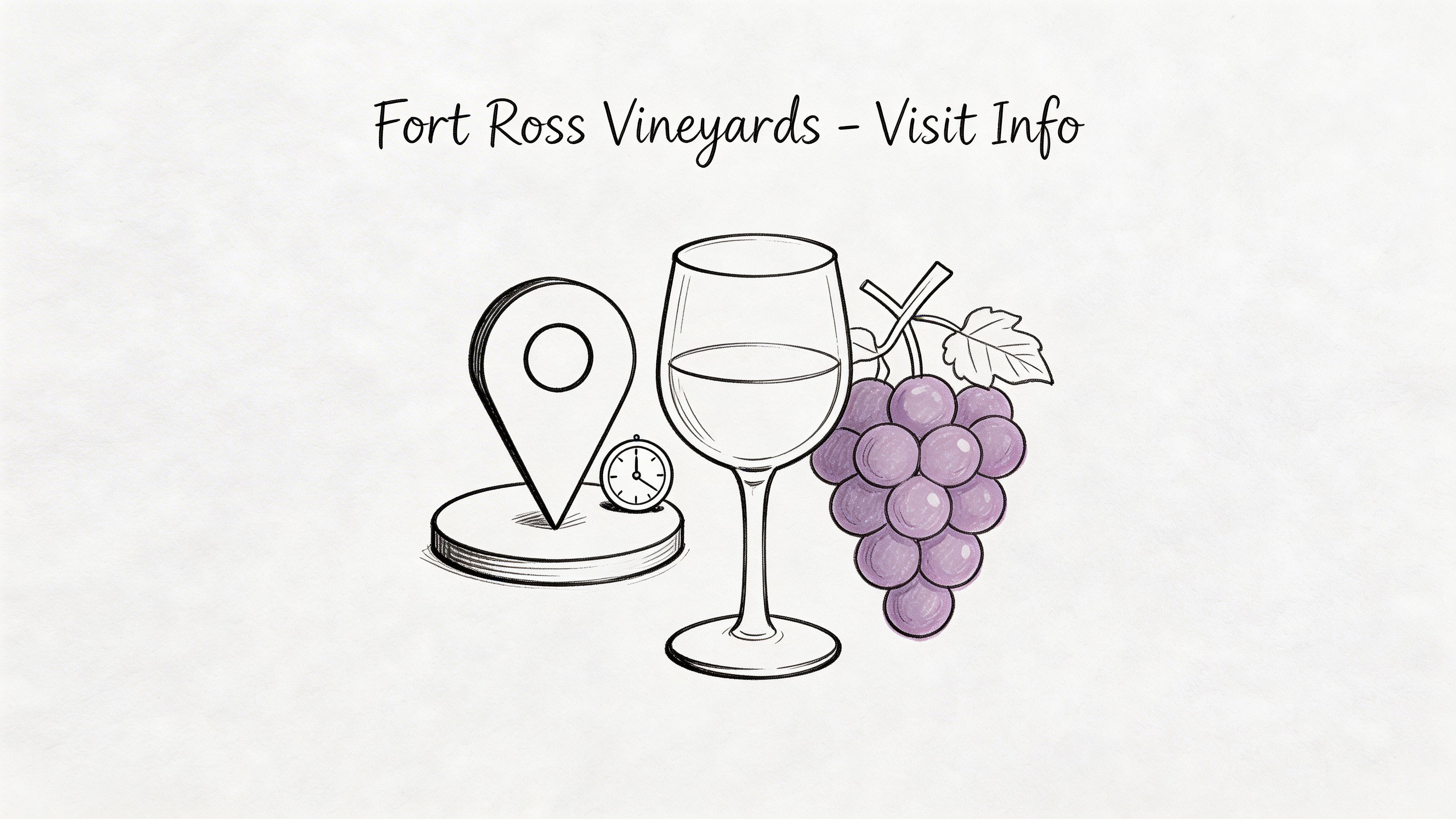 A line art illustration featuring a location pin, a clock, a wine glass, and purple grapes.