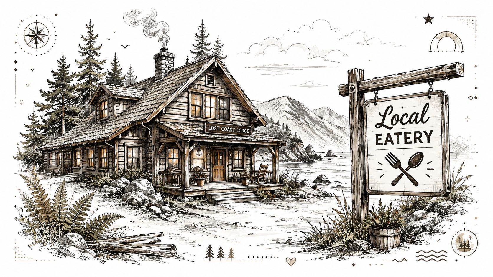 A scenic, hand-drawn sketch of the Lost Coast Lodge set by a serene mountain lake.