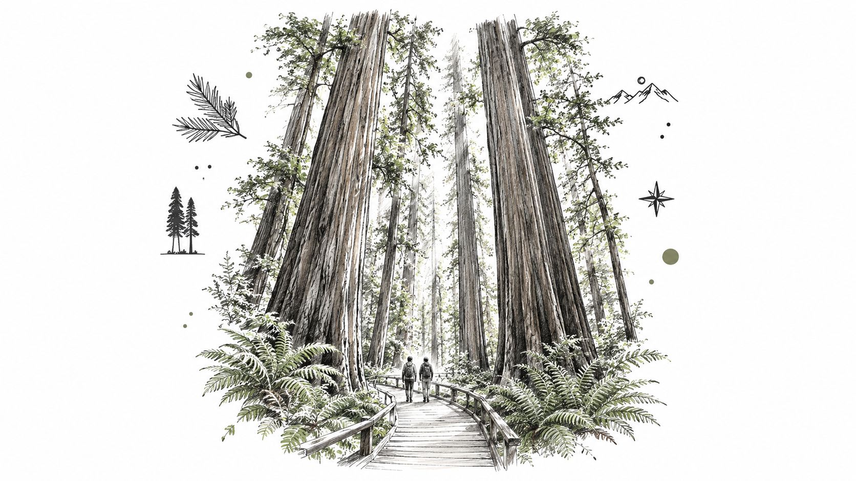 Two people hiking along a wooden path through a dense forest of towering redwood trees.