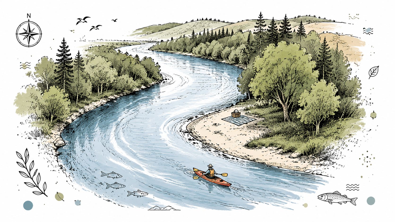A scenic illustration of a winding river in Sonoma County with a kayaker paddling through the water.