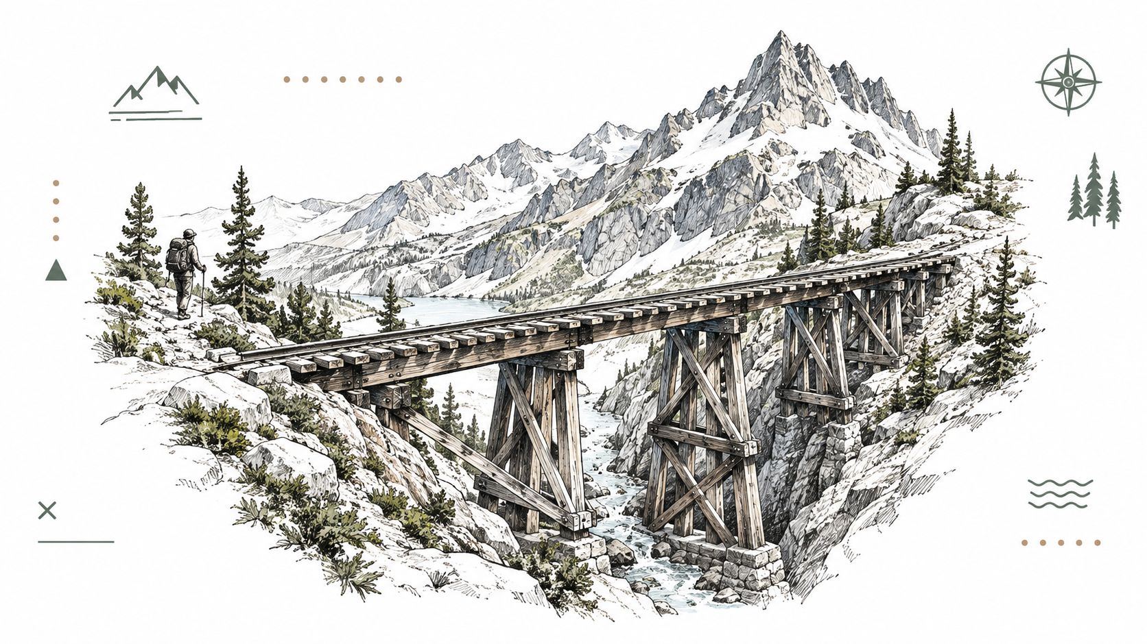 A detailed illustration of a hiker observing a scenic wooden railroad trestle bridge nestled in snowy mountains.