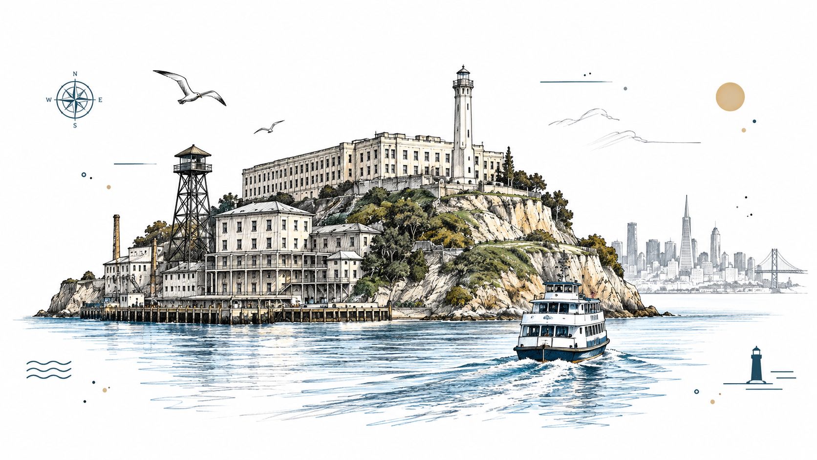 A detailed digital sketch of Alcatraz Island with a ferry approaching and the San Francisco skyline visible.