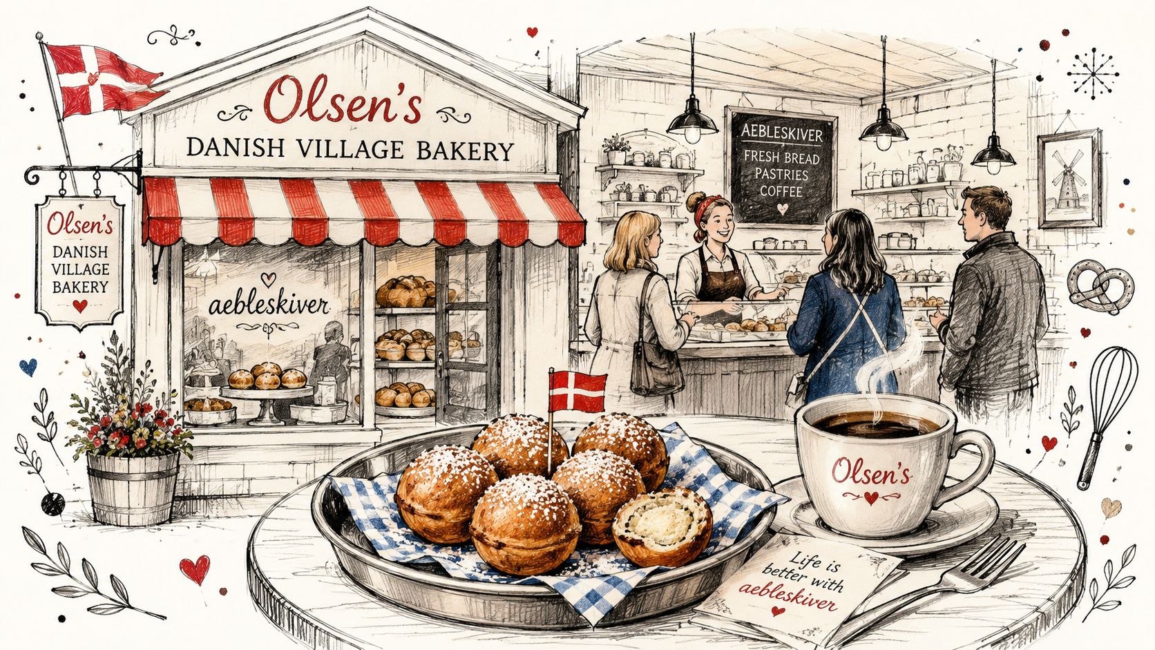 A warm, sketched illustration of Olsen's Danish Village Bakery featuring fresh aebleskiver and coffee on a table.