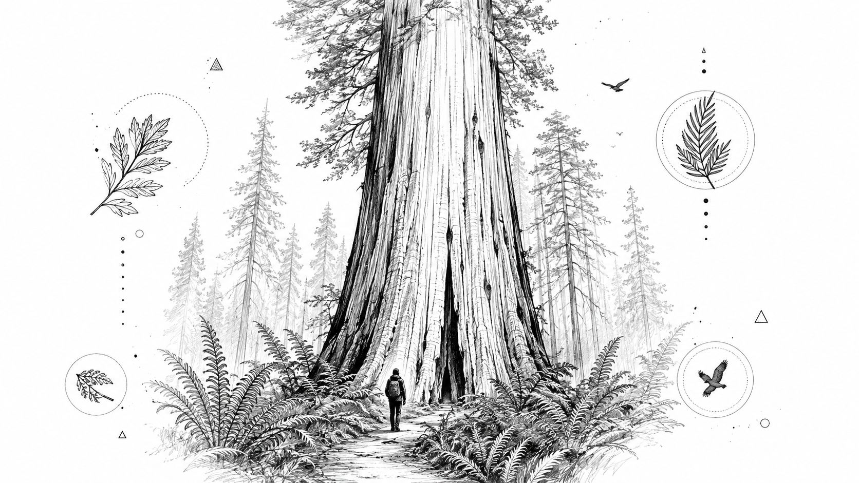 A hiker stands before a massive, ancient redwood tree in a dense forest with delicate botanical illustrations.