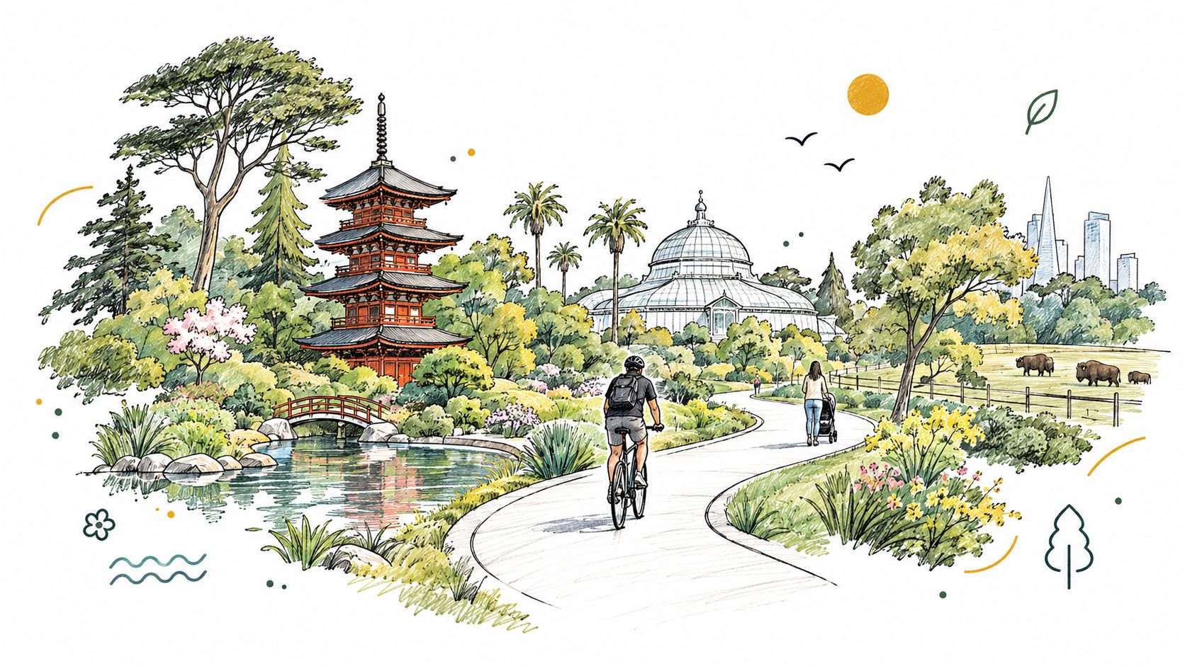 A scenic illustration of Golden Gate Park featuring a Japanese pagoda, glass conservatory, bicyclist, and bison.