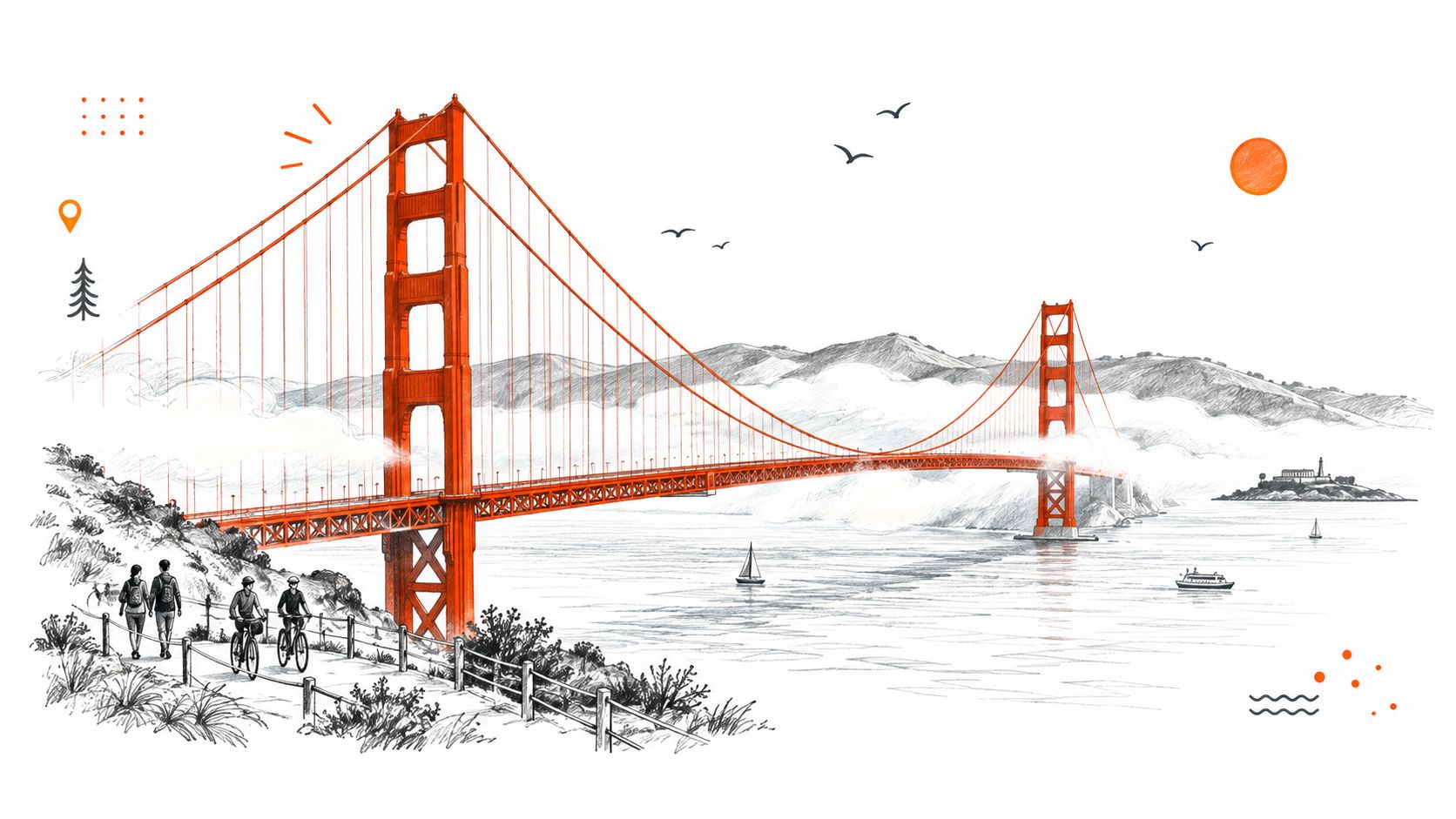 An artistic sketch illustration of the Golden Gate Bridge with people walking and cycling in San Francisco.