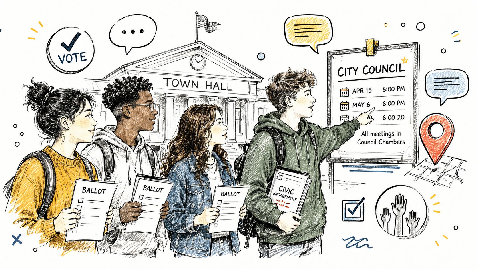 Diverse group of students holding ballots standing before a town hall with a city council meeting schedule.
